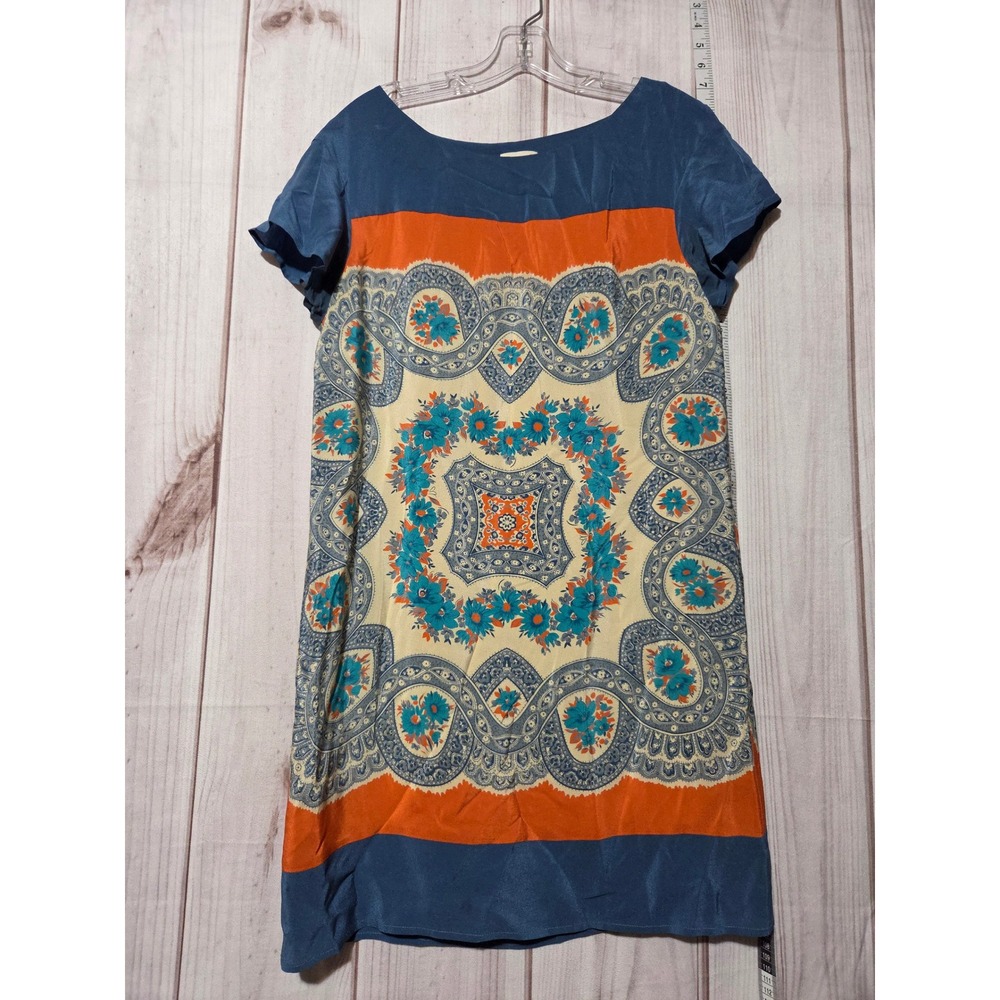 Meadow Rue Anthropologie Silk Scarf Print Shift Dress Blue Orange Floral Small